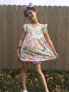 Unicorn and rainbow outfit with ruffle shorts - You Are My Sunshine Boutique LLC