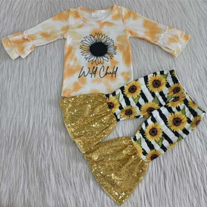 Wild child, sunflower outfit with sequin bell bottom pants