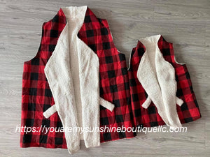 Adult buffalo plaid Sherpa vest with pockets, black and red - You Are My Sunshine Boutique LLC
