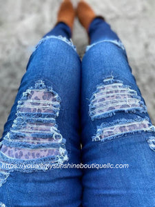 Denim distressed Jeans, dark blue with brown leopard - You Are My Sunshine Boutique LLC