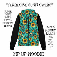 Load image into Gallery viewer, Turquoise sunflowers zip up hoodie