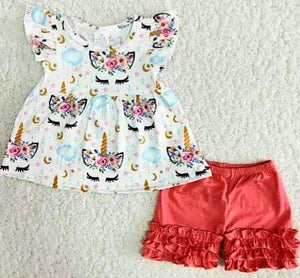 Unicorn outfit with ruffle shorts