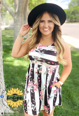 Black and white Striped floral dress with pockets