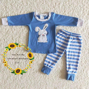 Embroidery Easter bunny pjs, blue - You Are My Sunshine Boutique LLC