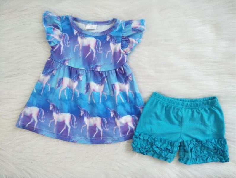 Blue unicorn outfit with ruffle shorts - You Are My Sunshine Boutique LLC