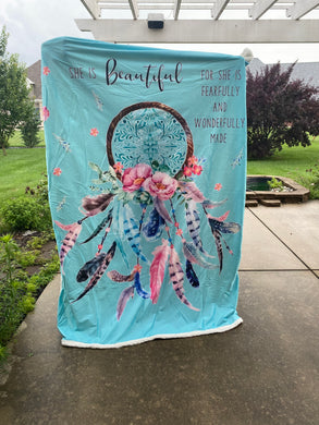 Customized blanket, light teal background, dream catcher, She is beautiful