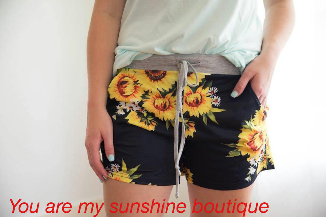 Sunflower shorts with navy blue background - You Are My Sunshine Boutique LLC