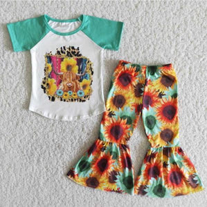 Sunflower and cow outfit with bell bottom pants