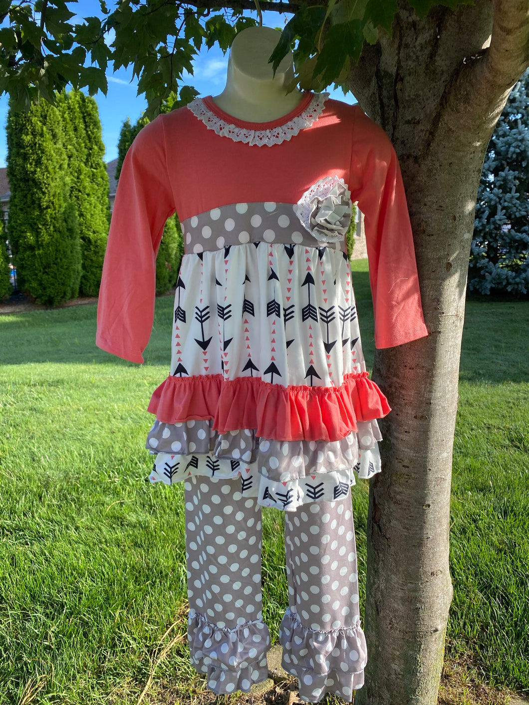 Coral arrow outfit with polkadot pants - You Are My Sunshine Boutique LLC
