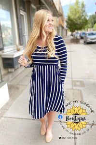Adult dress, navy blue with white stripes