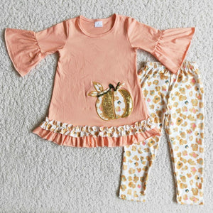 Swing top, Embroidery golden sequin pumpkin outfit for fall/thanksgiving