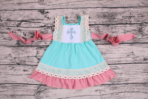 Embroidery cross dress with lace, easter dress - You Are My Sunshine Boutique LLC