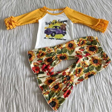 Load image into Gallery viewer, Heifers be trippin, sunflower and cow outfit with bell bottom pants