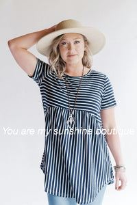 Navy white striped cross back baby doll top - You Are My Sunshine Boutique LLC