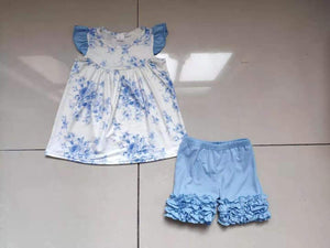 Blue floral  outfit with ruffle shorts - You Are My Sunshine Boutique LLC