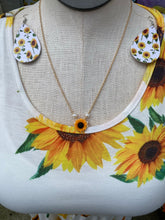 Load image into Gallery viewer, Faux leather dangle earrings, sunflower with white background