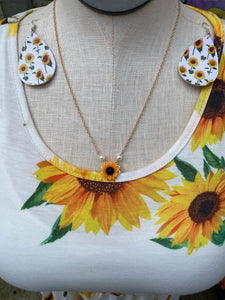 Faux leather dangle earrings, sunflower with white background