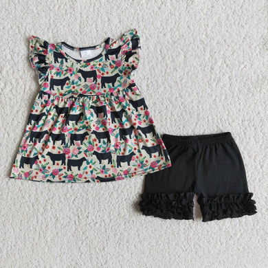 Cow floral outfit with black ruffle shorts - You Are My Sunshine Boutique LLC