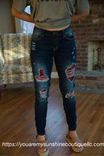 Load image into Gallery viewer, Denim distressed Jeans, dark blue with buffalo red plaid - You Are My Sunshine Boutique LLC