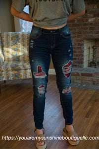 Denim distressed Jeans, dark blue with buffalo red plaid - You Are My Sunshine Boutique LLC