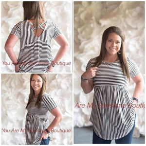 Navy white striped cross back baby doll top - You Are My Sunshine Boutique LLC