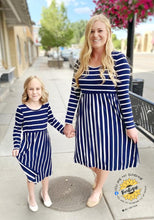 Load image into Gallery viewer, Adult dress, navy blue with white stripes